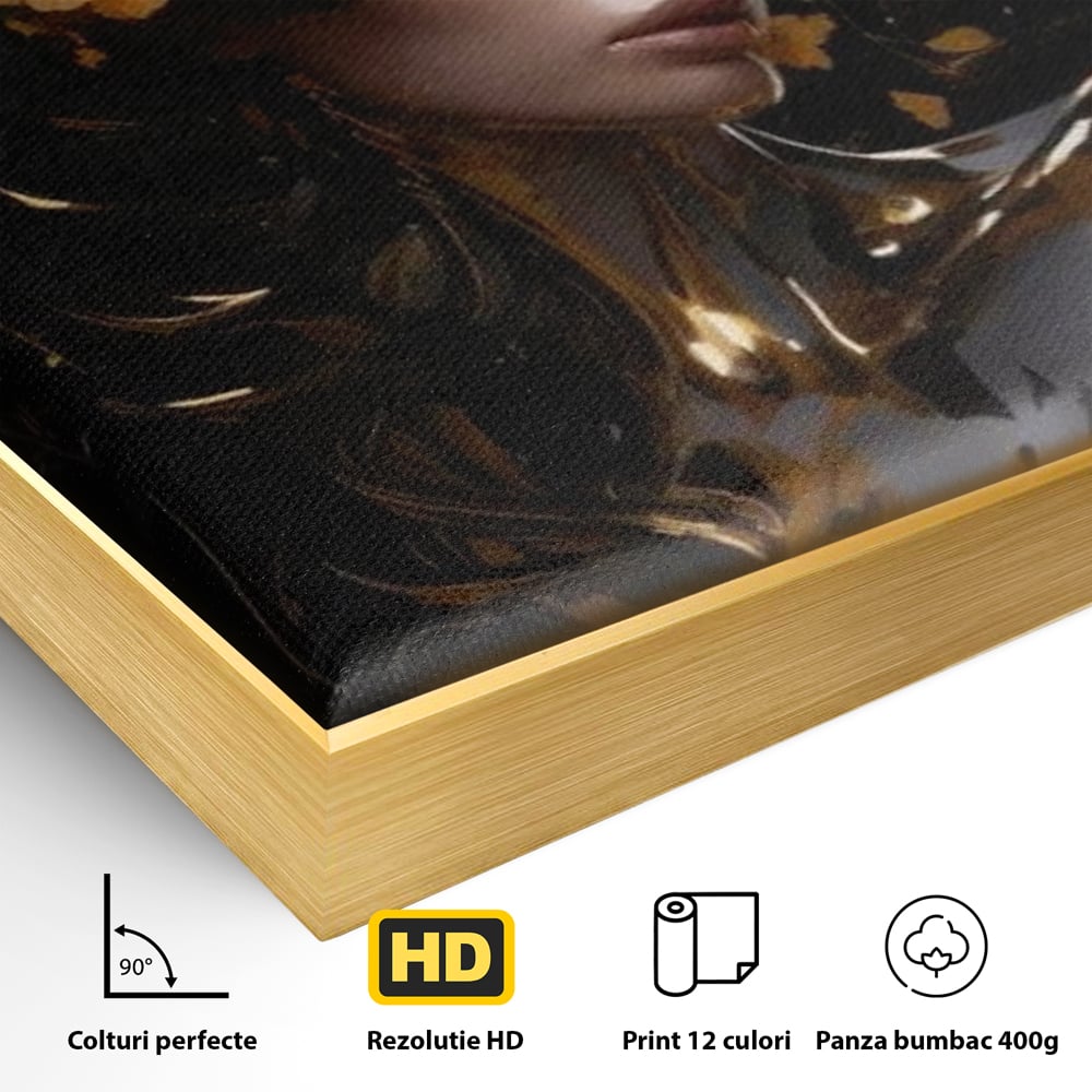 Detaliu al suprafetei: tablou canvas cu portret de femeie aurita, in rama de aluminiu auriu