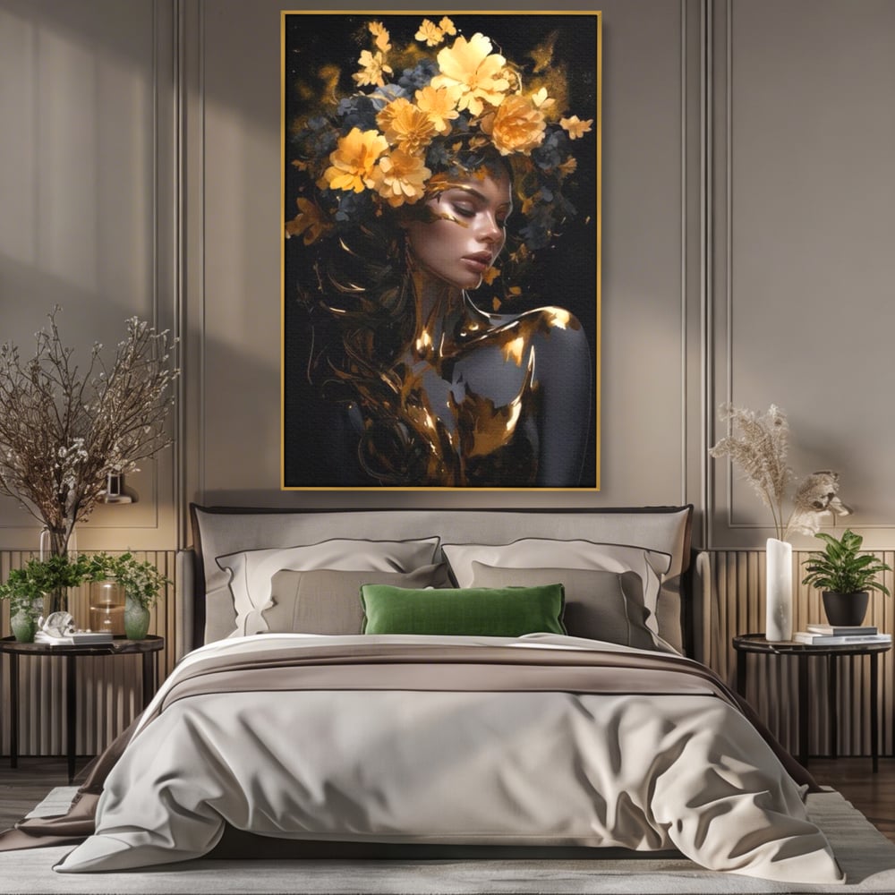 Tablou canvas cu tablou canvas cu portret de femeie aurita, in rama de aluminiu auriu, pe perete intr-un dormitor