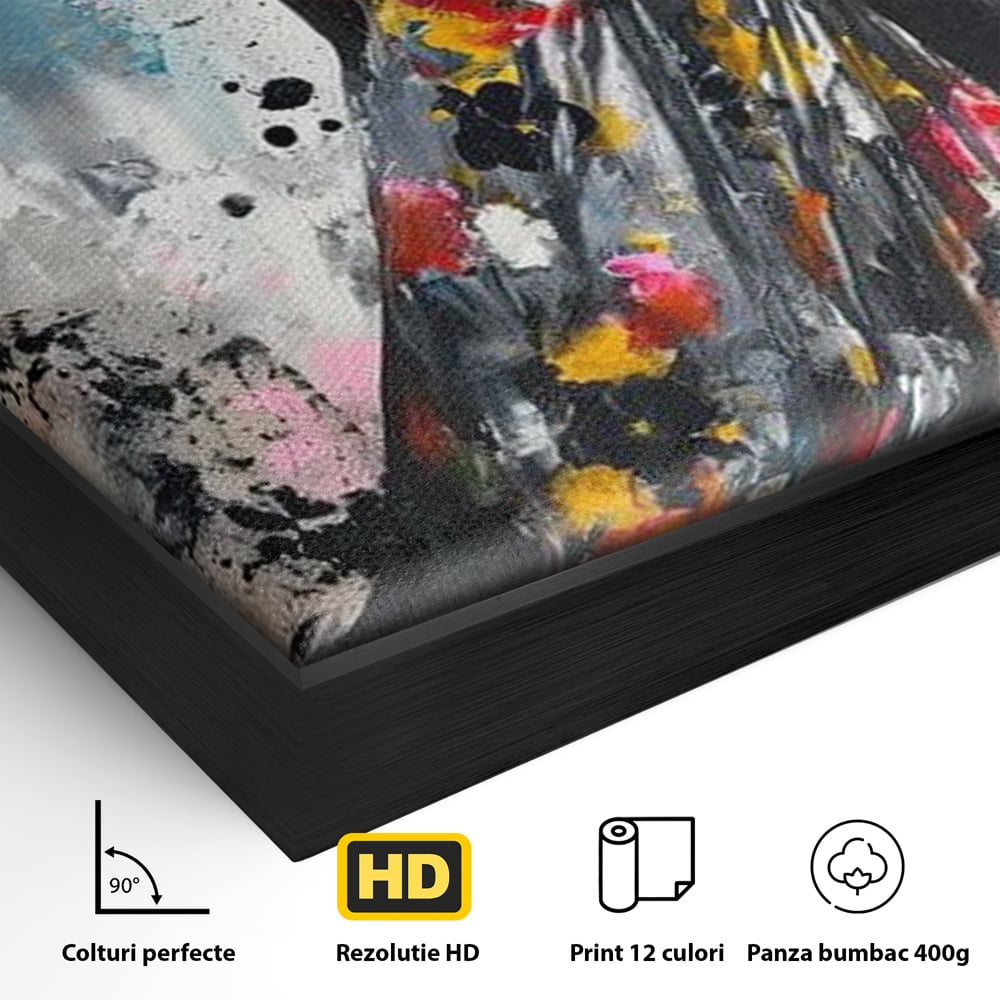 Detaliu al suprafetei: tablou canvas cu portret de femeie, in rama de aluminiu negru