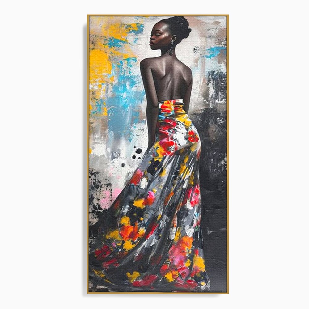 Tablou canvas cu tablou canvas cu portret de femeie, in rama de aluminiu auriu