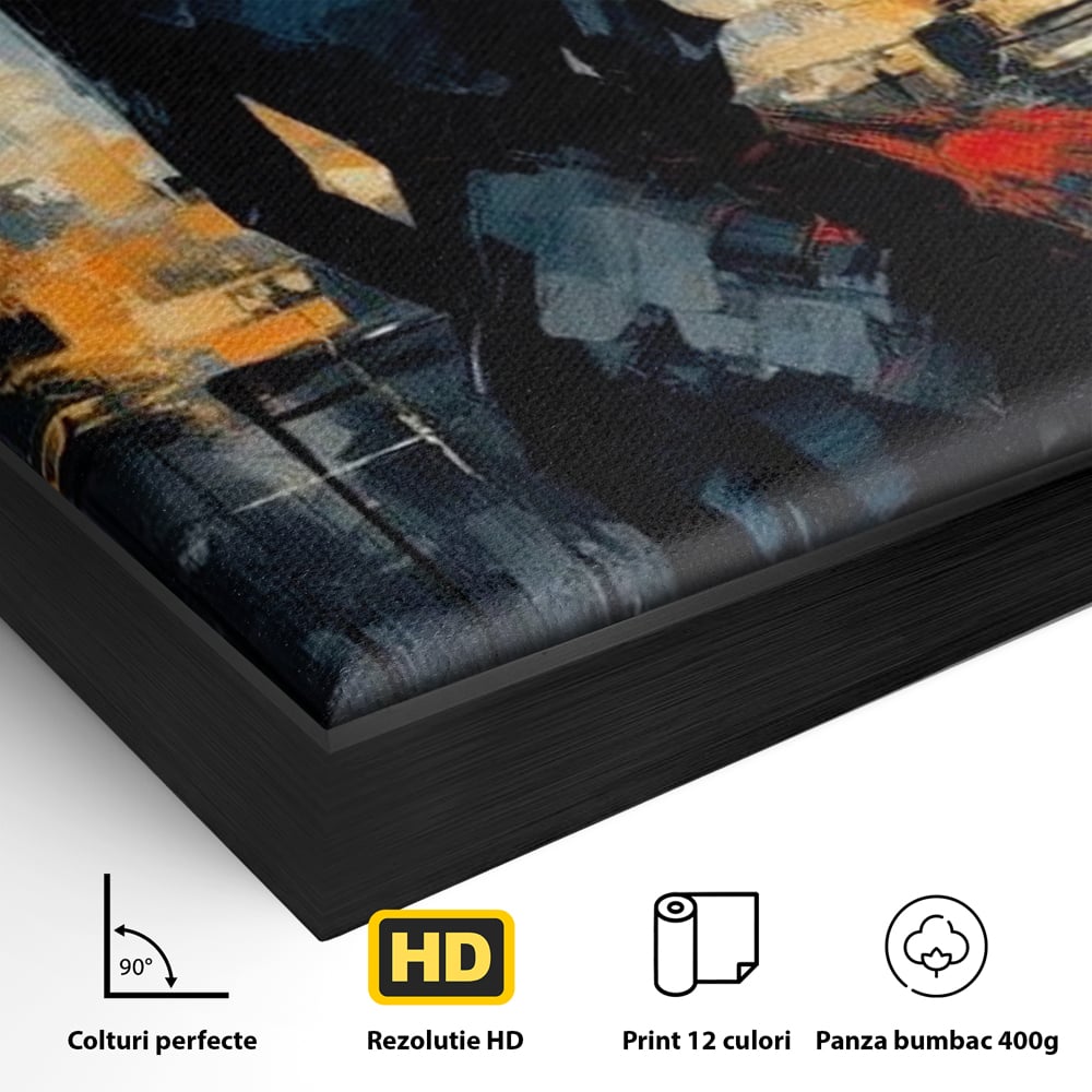 Detaliu al suprafetei: tablou canvas cu femeie in palarie si oras, in rama de aluminiu negru