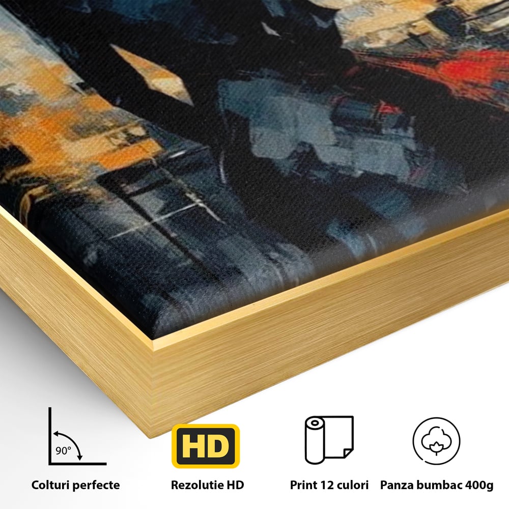Detaliu al suprafetei: tablou canvas cu femeie in palarie si oras, in rama de aluminiu auriu