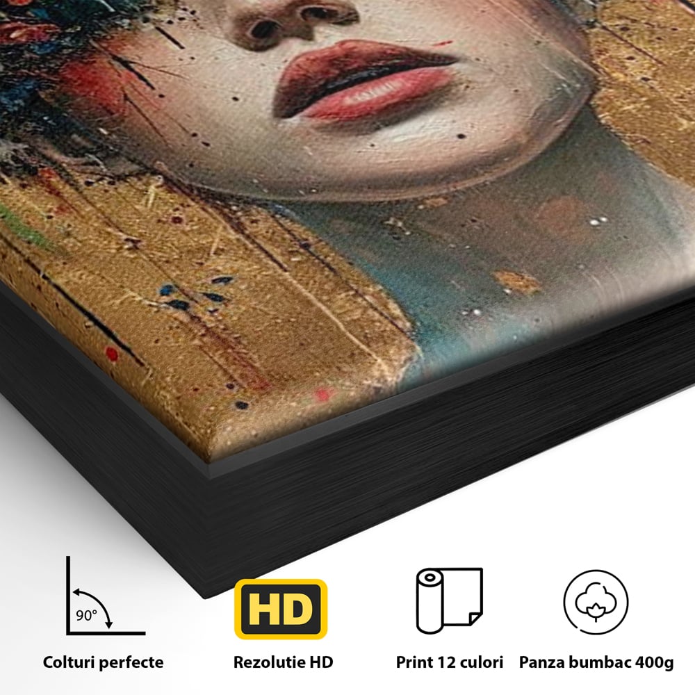 Detaliu al suprafetei: tablou canvas cu portret de femeie si flori, in rama de aluminiu negru