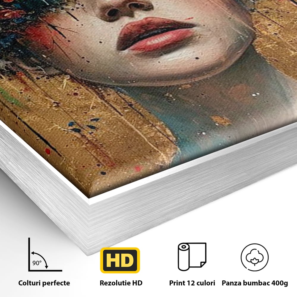 Detaliu al suprafetei: tablou canvas cu portret de femeie si flori, in rama de aluminiu argintiu