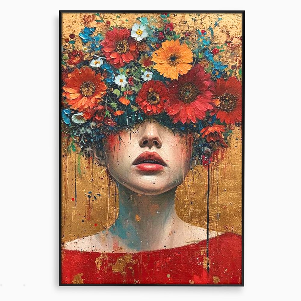 Tablou canvas cu tablou canvas cu portret de femeie si flori, in rama de aluminiu negru