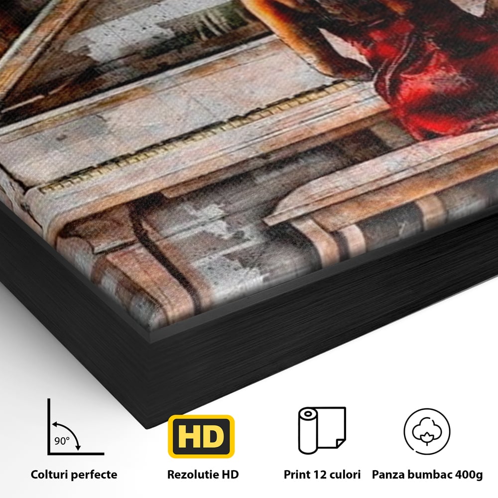 Detaliu al suprafetei: tablou canvas cu pianistica in rosu, in rama de aluminiu negru