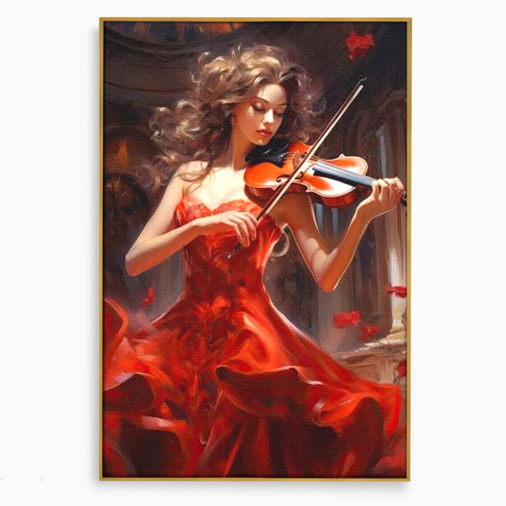 Tablou canvas cu tablou canvas cu femeie violonista, in rama de aluminiu auriu