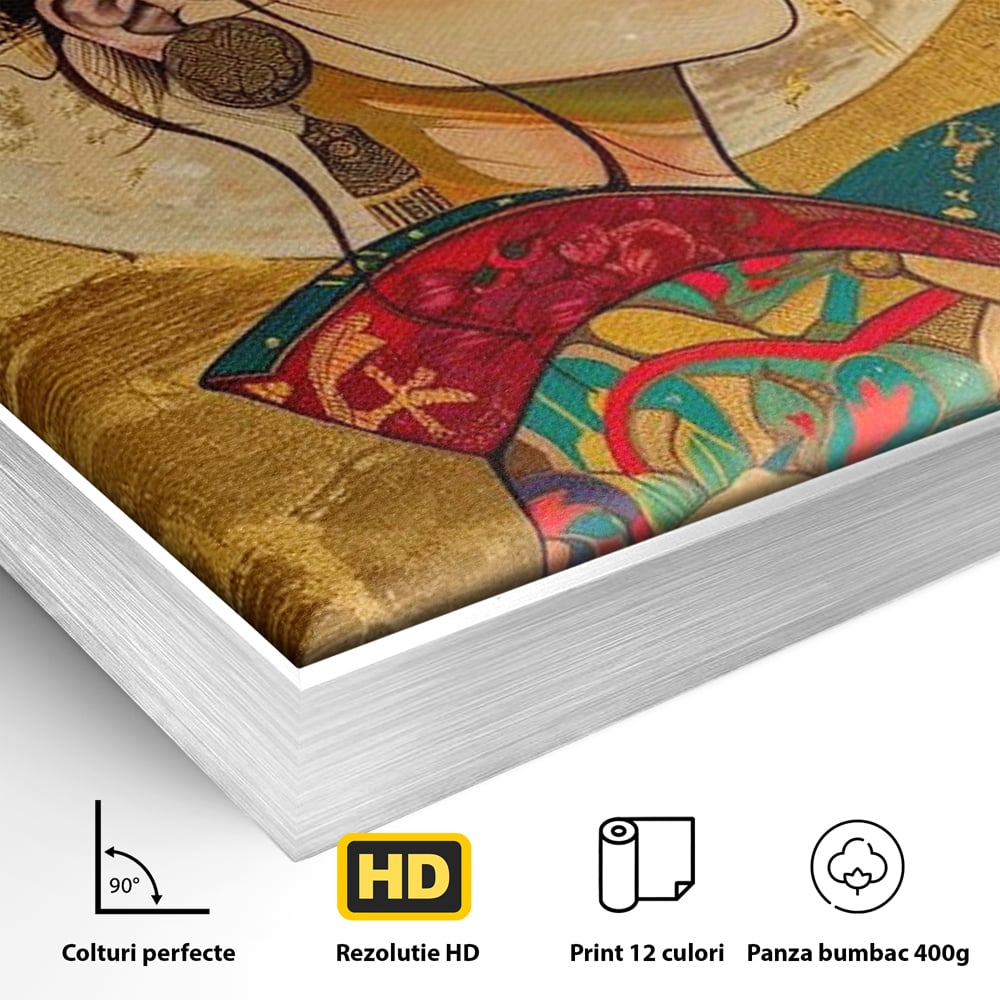 Detaliu al suprafetei: tablou canvas cu portret de gheisa, in rama de aluminiu argintiu