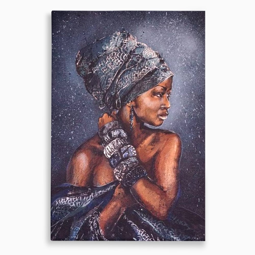 Tablou canvas cu tablou canvas cu portret de femeie africana, fara rama, pe sasiu de lemn