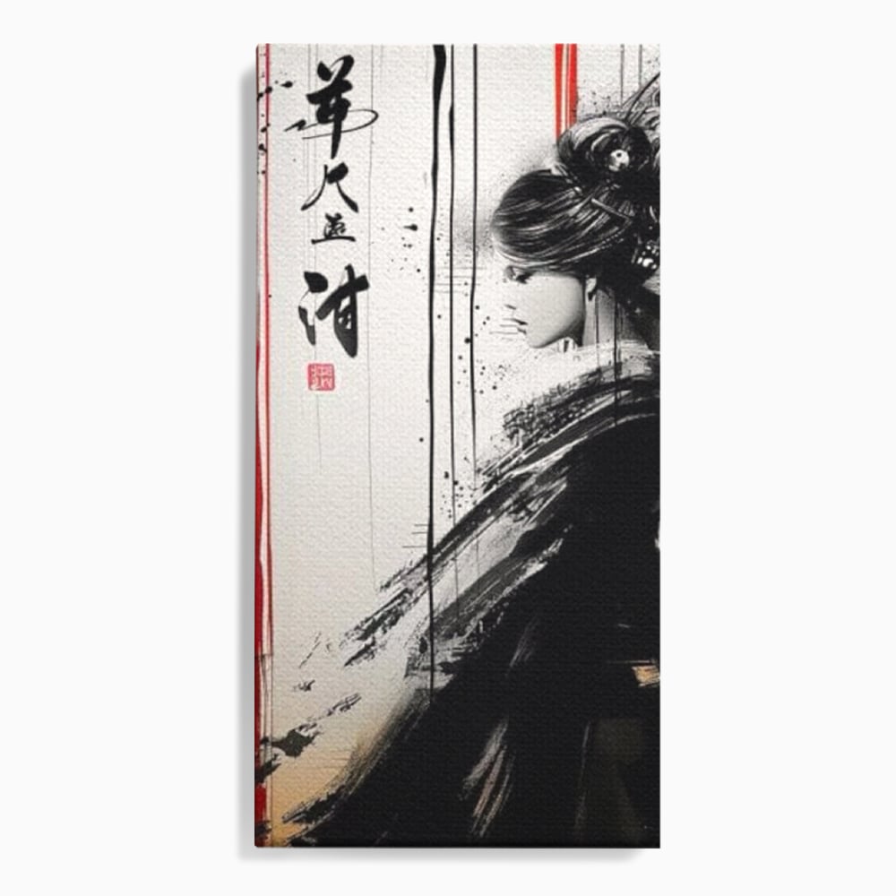 Tablou canvas cu tablou vertical cu gheisa in tus, fara rama, pe sasiu de lemn