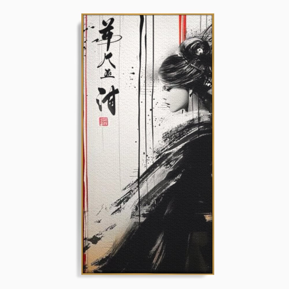 Tablou canvas cu tablou vertical cu gheisa in tus, in rama de aluminiu auriu