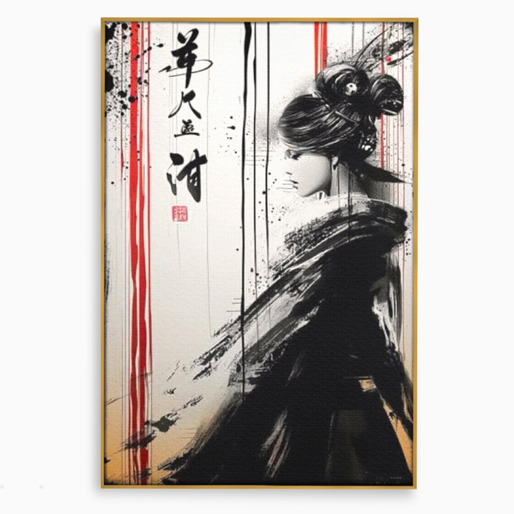 Tablou canvas cu tablou vertical cu gheisa in tus, in rama de aluminiu auriu