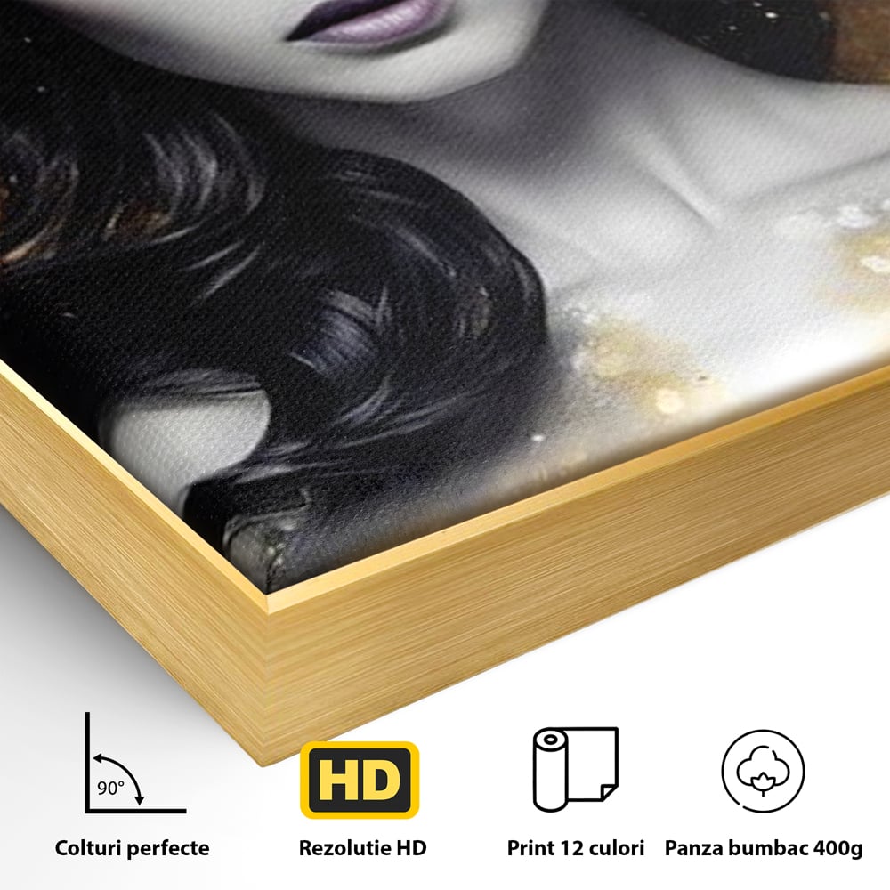 Detaliu al suprafetei: tablou canvas cu portret de femeie, in rama de aluminiu auriu