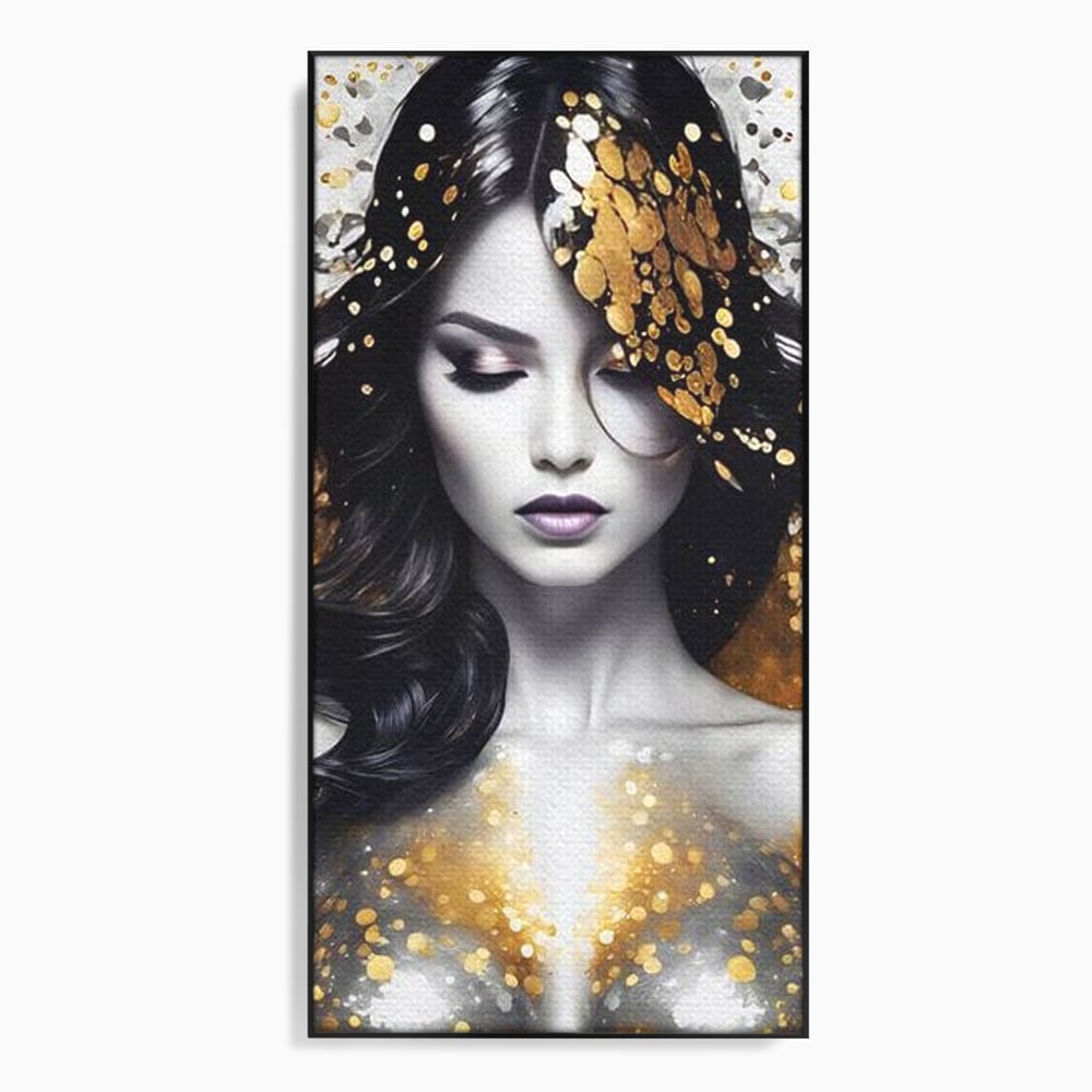 Tablou canvas cu tablou canvas cu portret de femeie, in rama de aluminiu negru