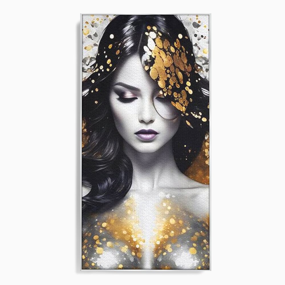 Tablou canvas cu tablou canvas cu portret de femeie, in rama de aluminiu argintiu