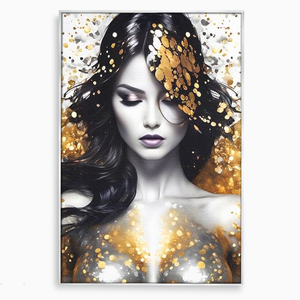 Tablou canvas cu tablou canvas cu portret de femeie, in rama de aluminiu argintiu
