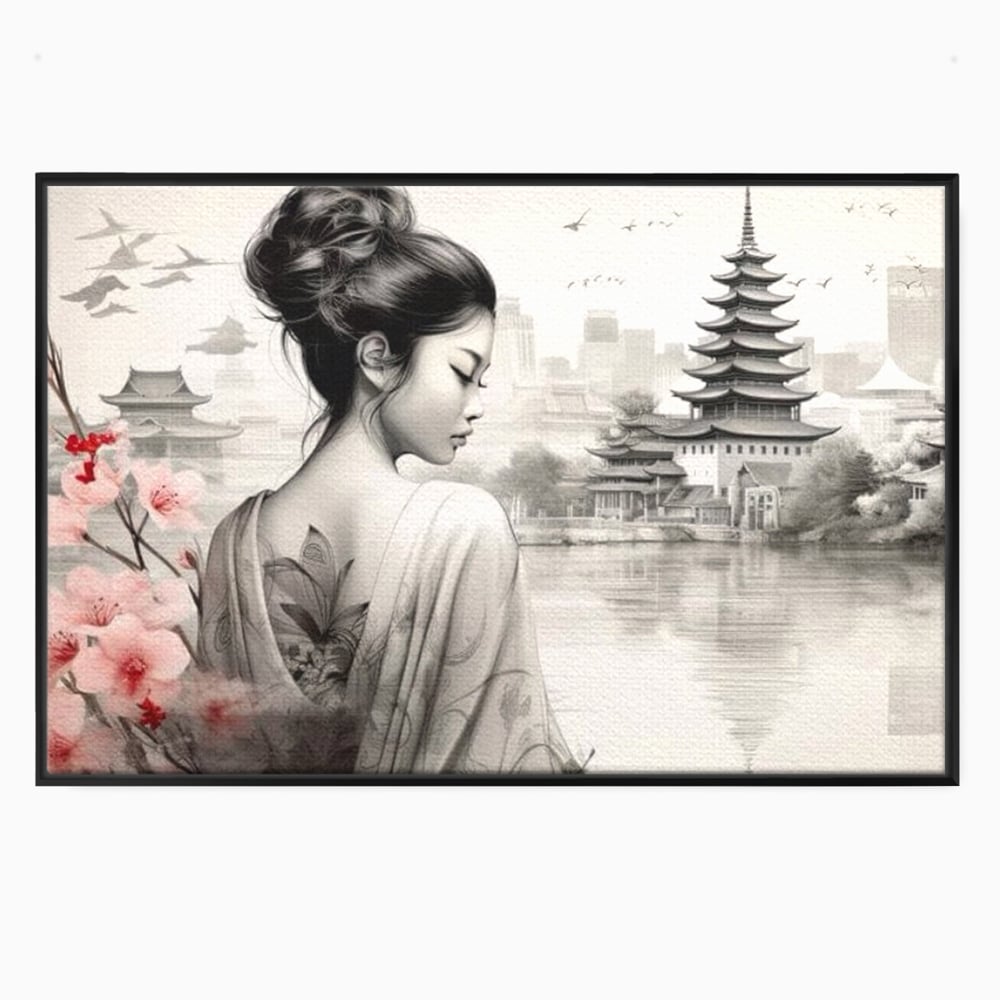 Tablou canvas cu tablou canvas cu gheisa si pagoda, in rama de aluminiu negru