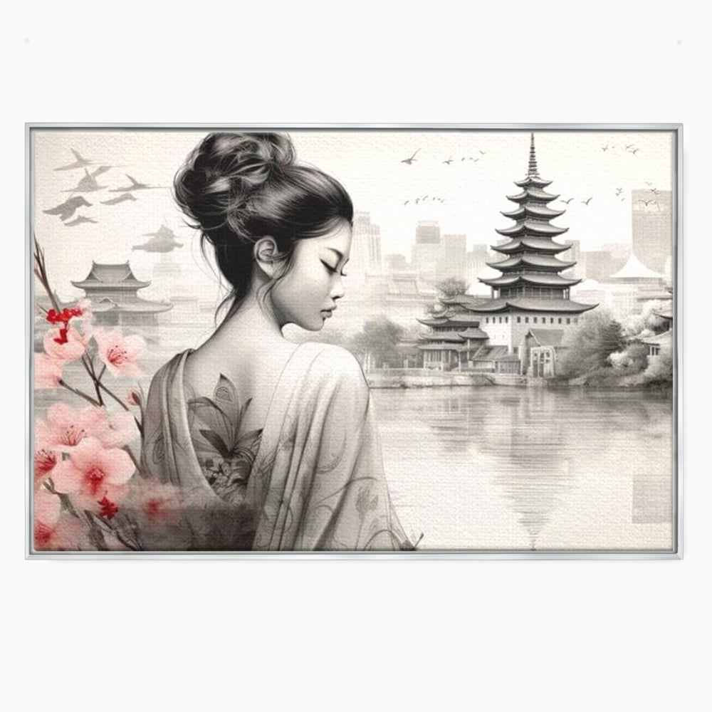 Tablou canvas cu tablou canvas cu gheisa si pagoda, in rama de aluminiu argintiu