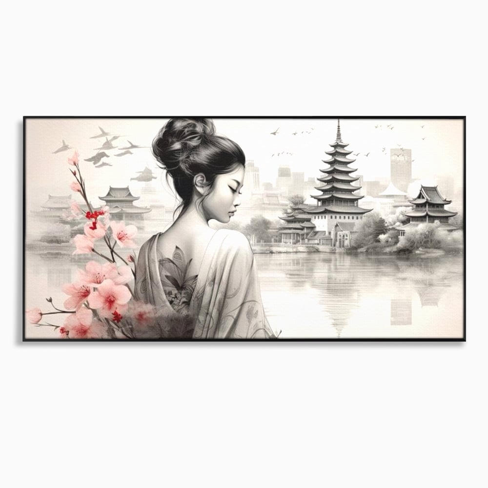 Tablou canvas cu tablou canvas cu gheisa si pagoda, in rama de aluminiu negru