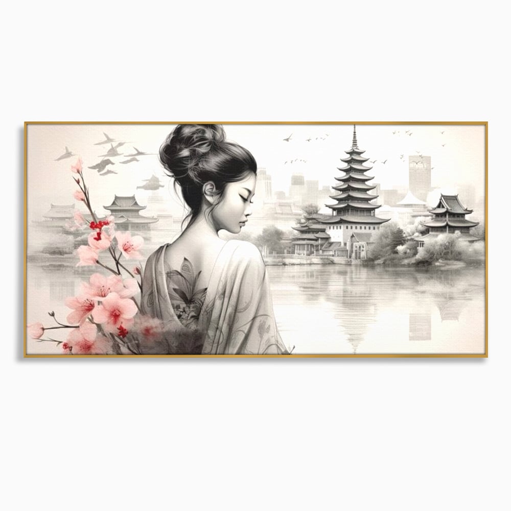 Tablou canvas cu tablou canvas cu gheisa si pagoda, in rama de aluminiu auriu