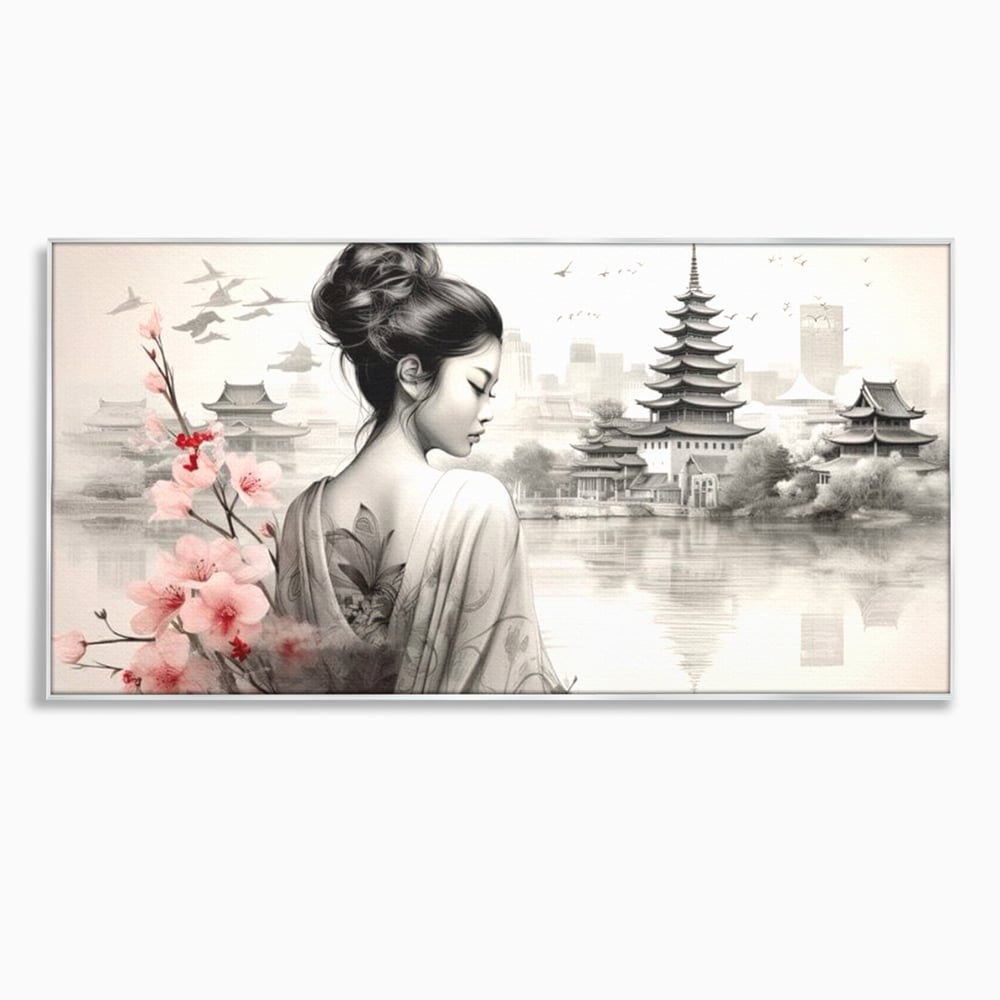 Tablou canvas cu tablou canvas cu gheisa si pagoda, in rama de aluminiu argintiu