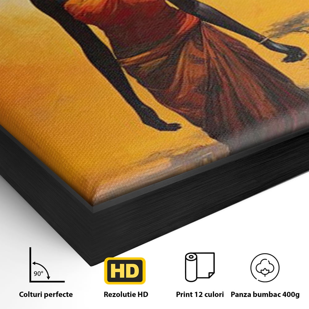 Detaliu al suprafetei: tablou canvas cu femeie africana si ulcior, in rama de aluminiu negru