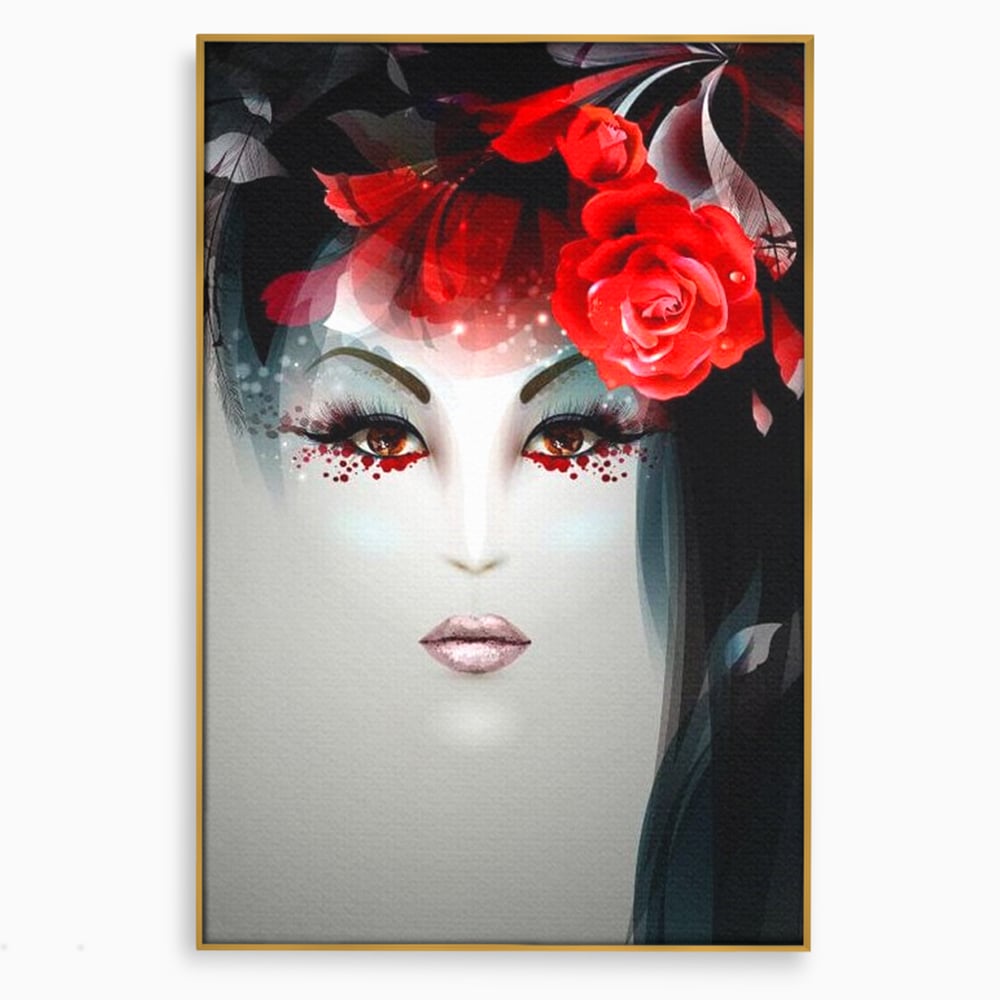 Tablou canvas cu tablou portret feminin cu trandafiri rosii, in rama de aluminiu auriu