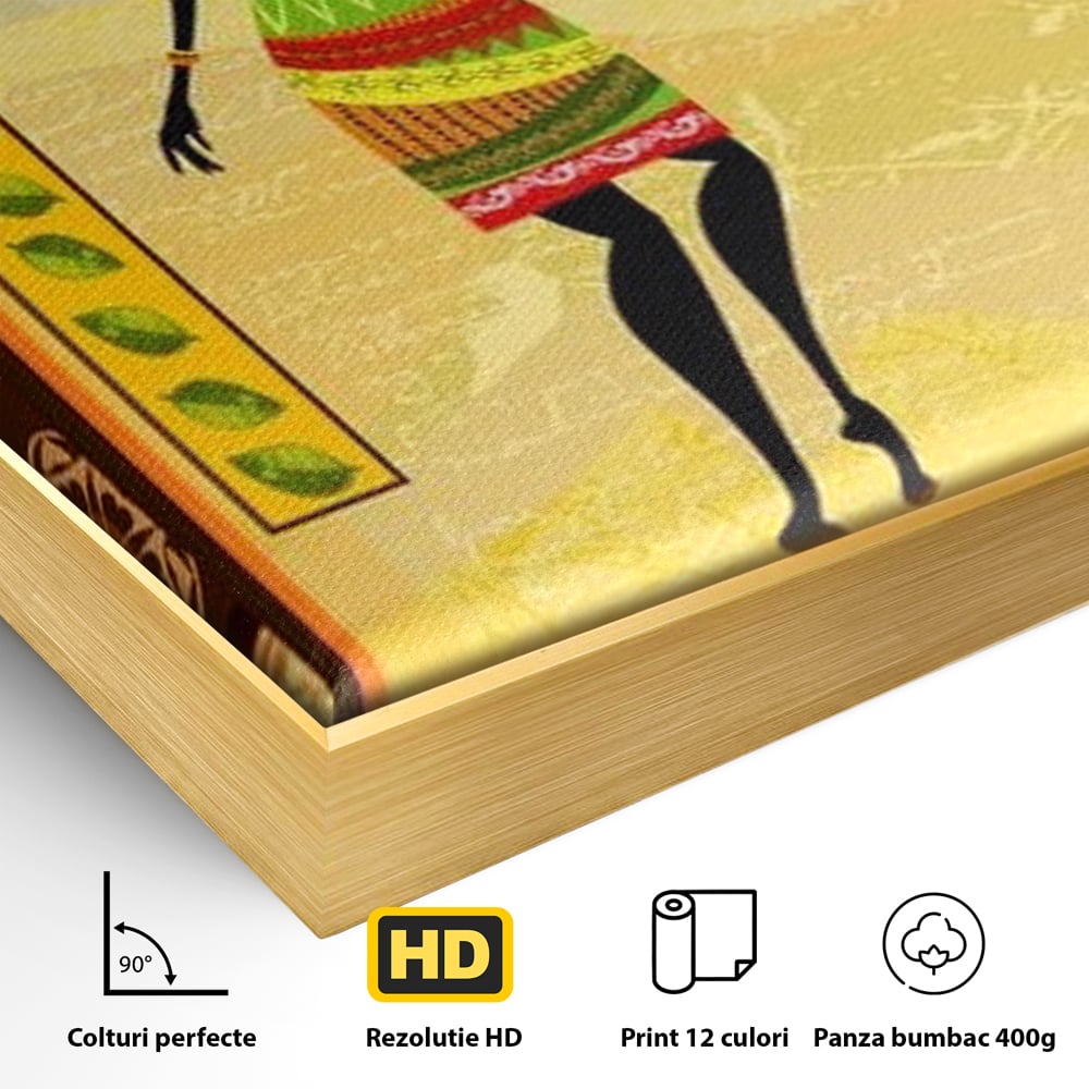 Detaliu al suprafetei: tablou canvas cu silueta feminina african, in rama de aluminiu auriu