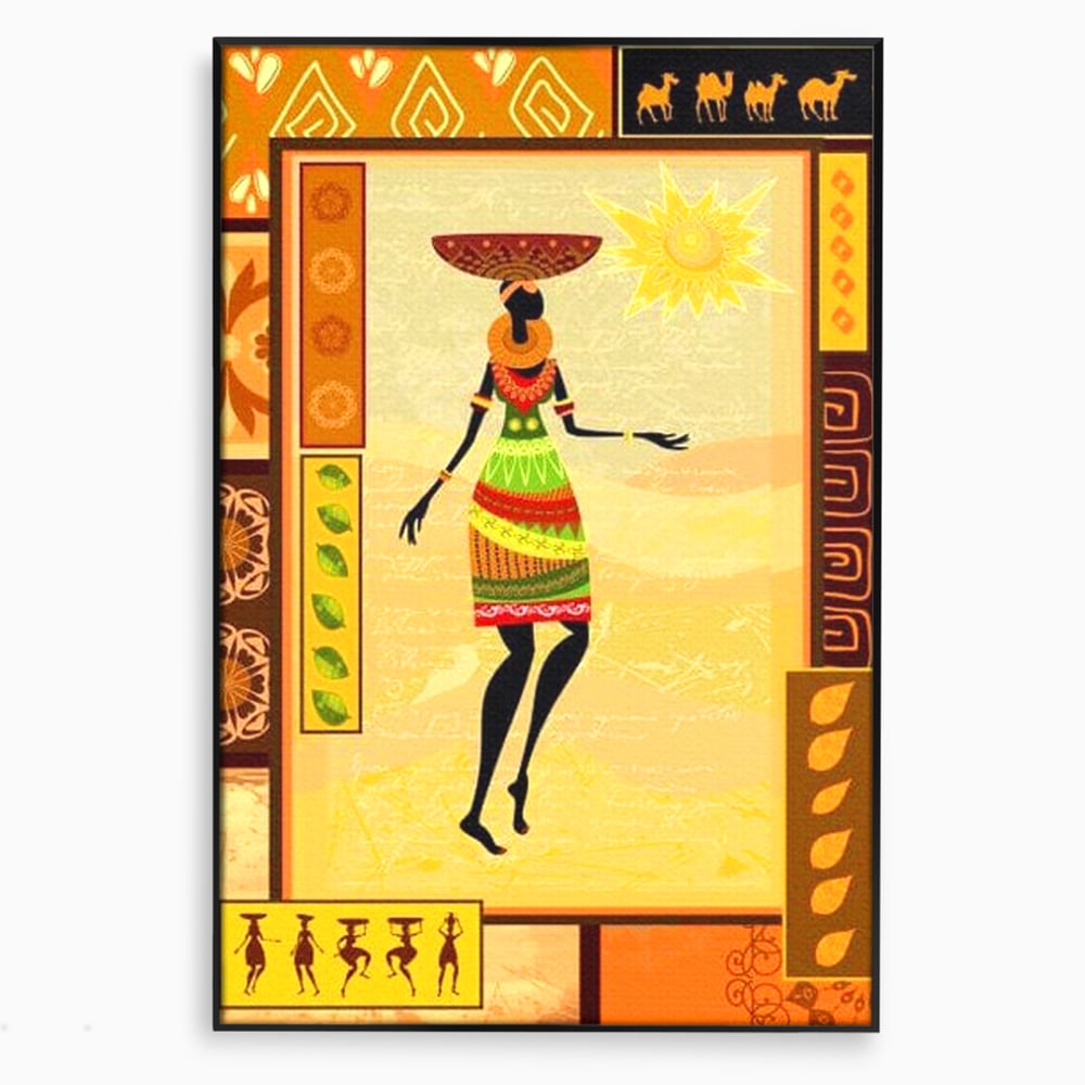 Tablou canvas cu tablou canvas cu silueta feminina african, in rama de aluminiu negru