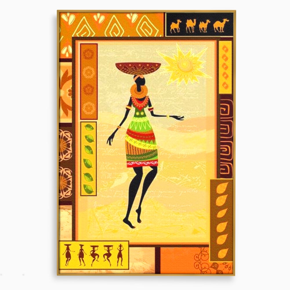 Tablou canvas cu tablou canvas cu silueta feminina african, in rama de aluminiu auriu