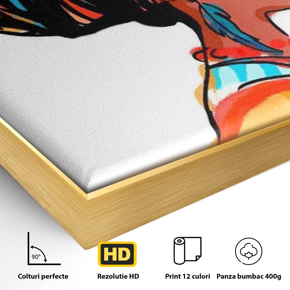 Detaliu al suprafetei: ilustratie digitala cu profil de femeie, in rama de aluminiu auriu