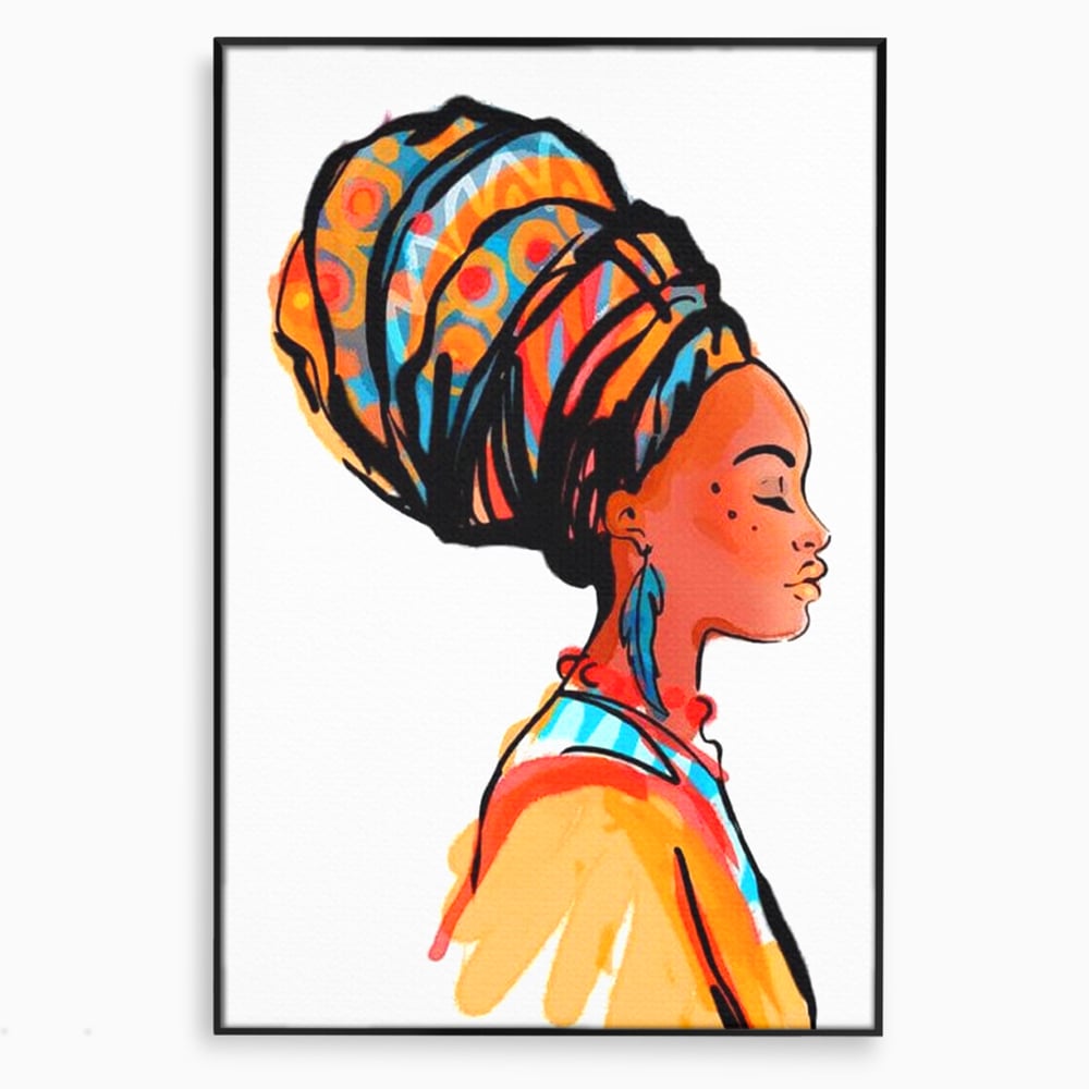 Tablou canvas cu ilustratie digitala cu profil de femeie, in rama de aluminiu negru