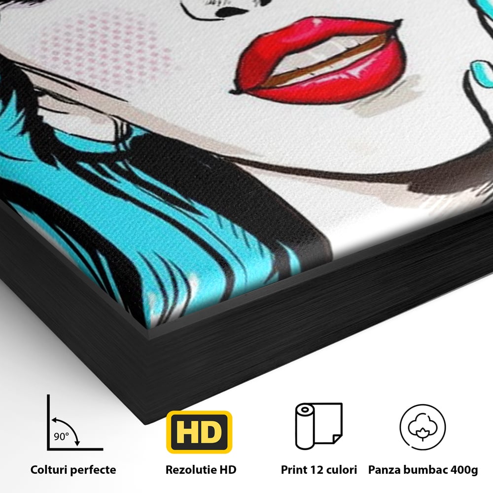 Detaliu al suprafetei: tablou canvas cu femeie pop art, in rama de aluminiu negru