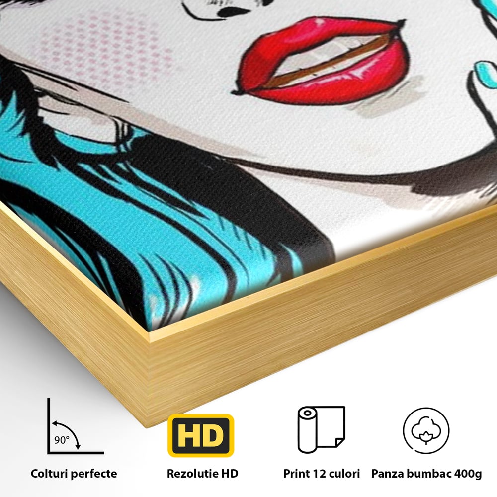 Detaliu al suprafetei: tablou canvas cu femeie pop art, in rama de aluminiu auriu