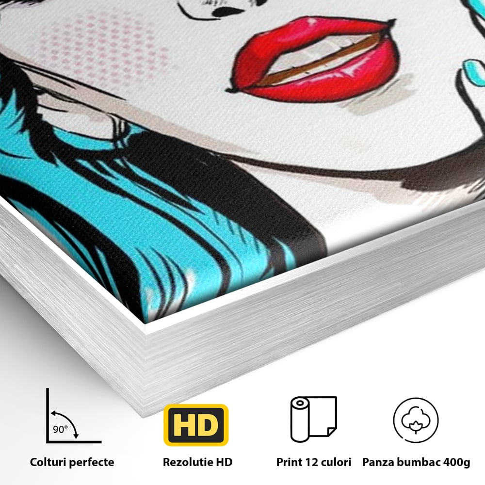 Detaliu al suprafetei: tablou canvas cu femeie pop art, in rama de aluminiu argintiu