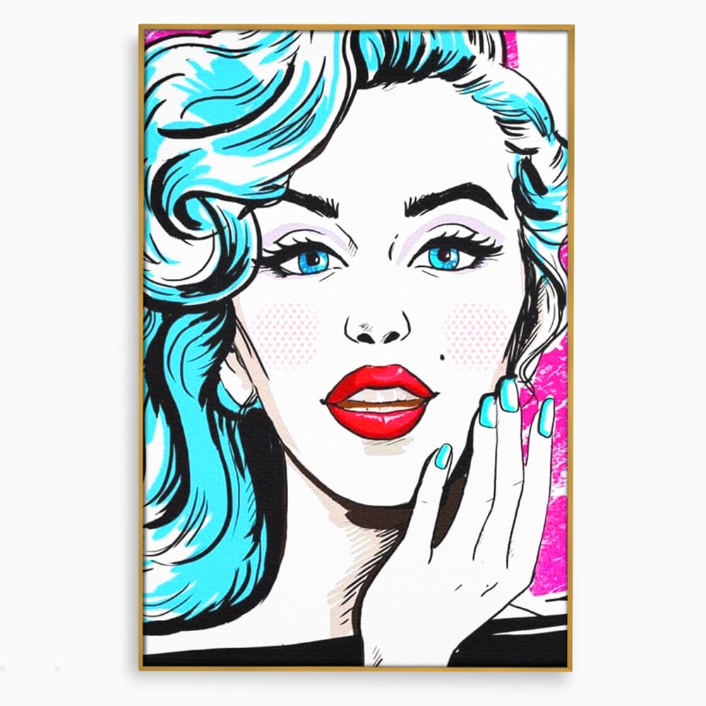 Tablou canvas cu tablou canvas cu femeie pop art, in rama de aluminiu auriu