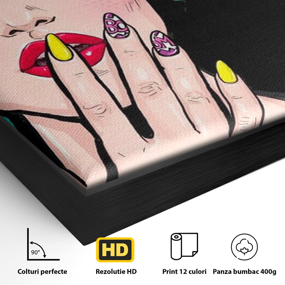 Detaliu al suprafetei: tablou canvas cu femeie pop art, in rama de aluminiu negru