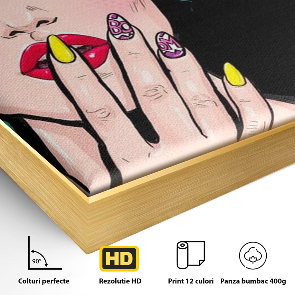 Detaliu al suprafetei: tablou canvas cu femeie pop art, in rama de aluminiu auriu