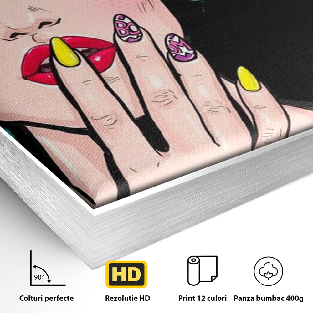 Detaliu al suprafetei: tablou canvas cu femeie pop art, in rama de aluminiu argintiu
