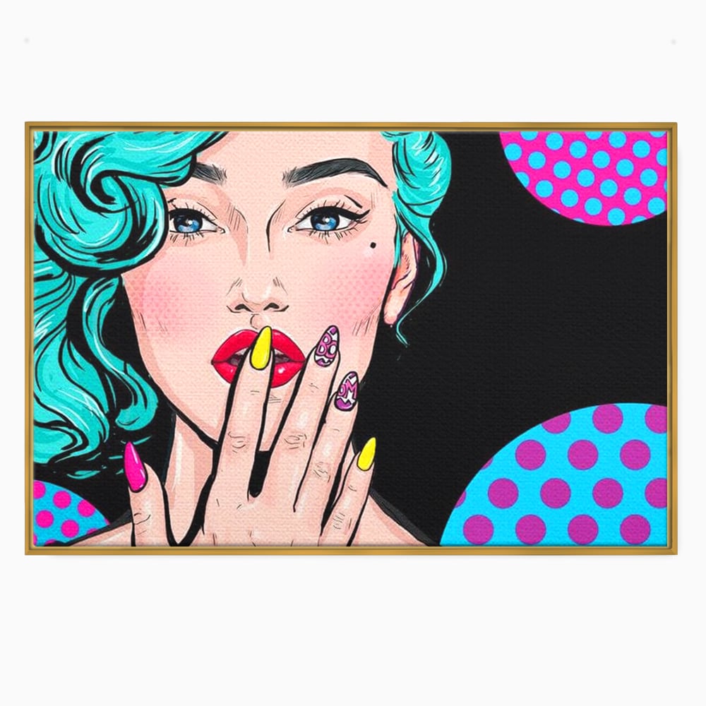 Tablou canvas cu tablou canvas cu femeie pop art, in rama de aluminiu auriu