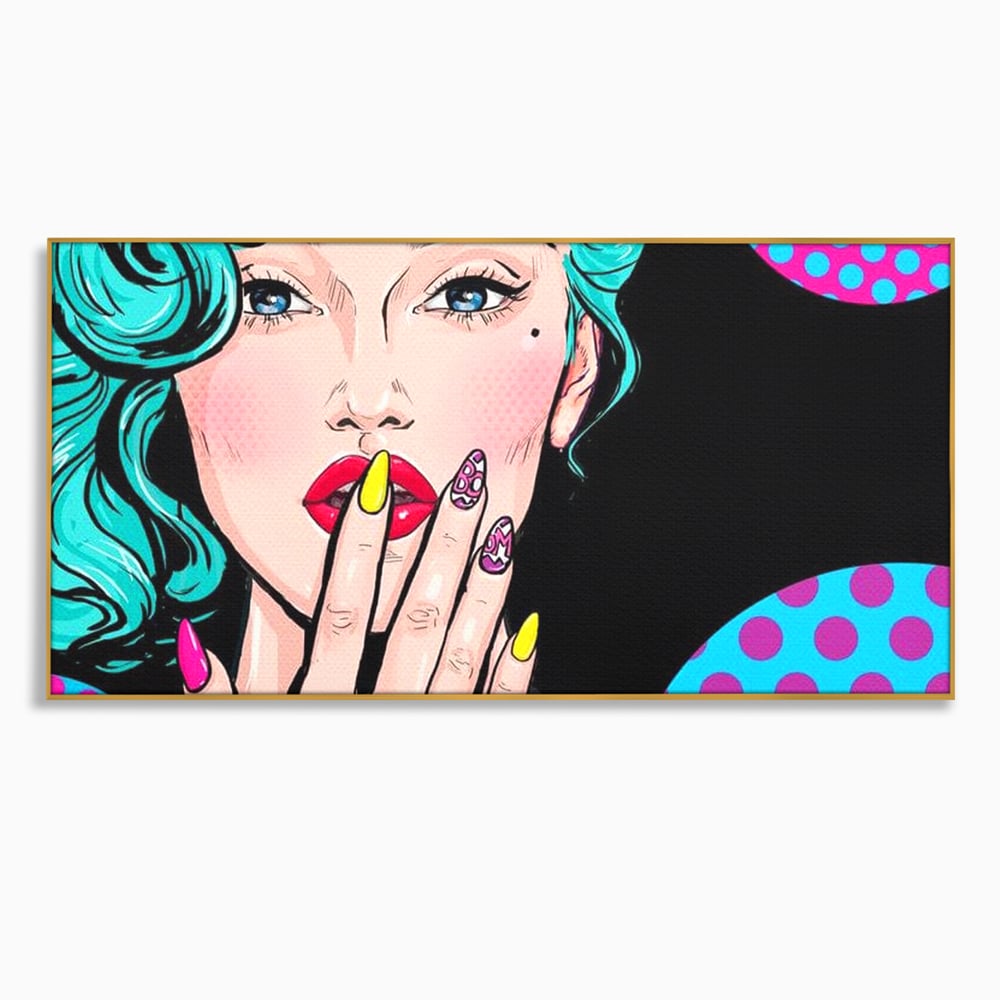 Tablou canvas cu tablou canvas cu femeie pop art, in rama de aluminiu auriu