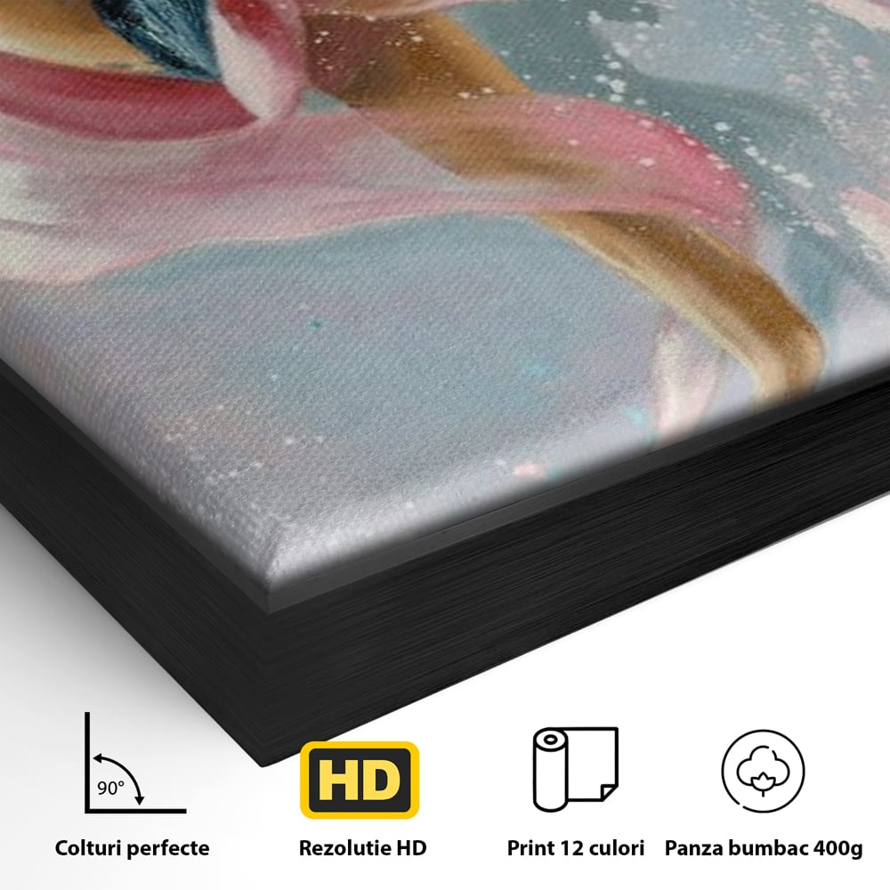 Detaliu al suprafetei: tablou canvas cu balerina in zbor, in rama de aluminiu negru