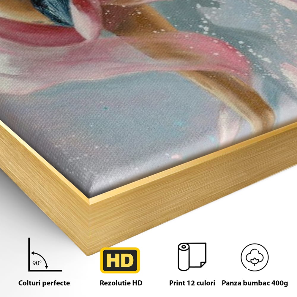 Detaliu al suprafetei: tablou canvas cu balerina in zbor, in rama de aluminiu auriu