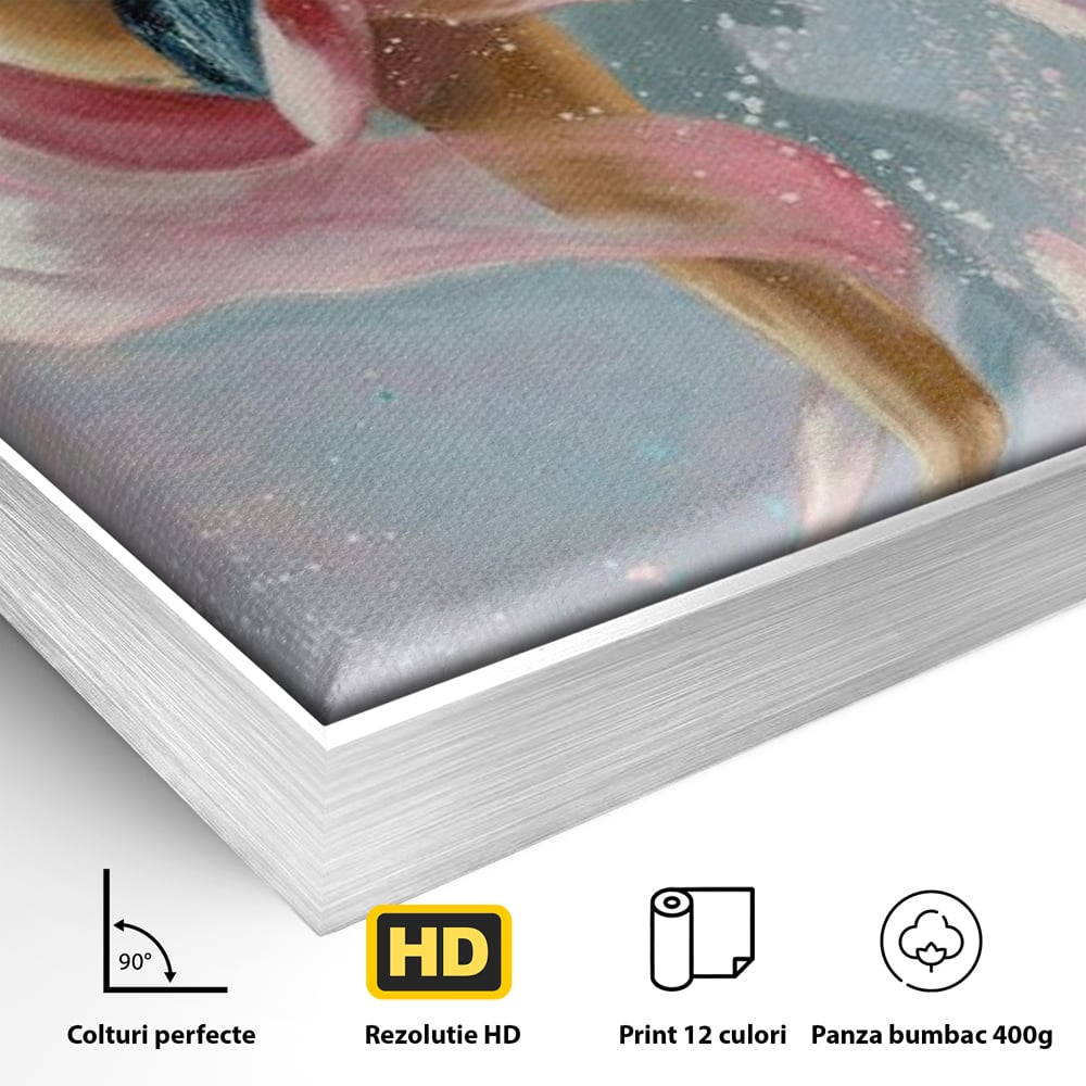 Detaliu al suprafetei: tablou canvas cu balerina in zbor, in rama de aluminiu argintiu