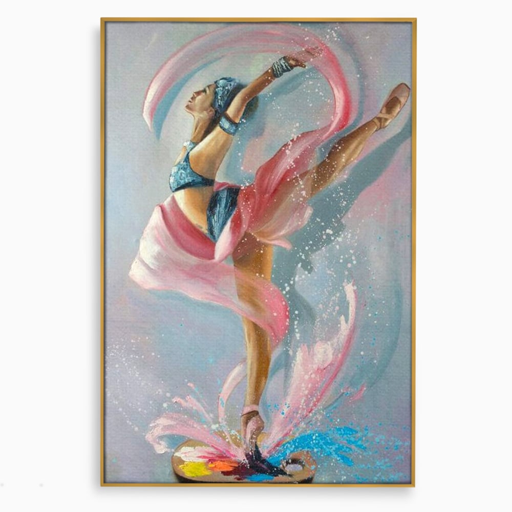 Tablou canvas cu tablou canvas cu balerina in zbor, in rama de aluminiu auriu