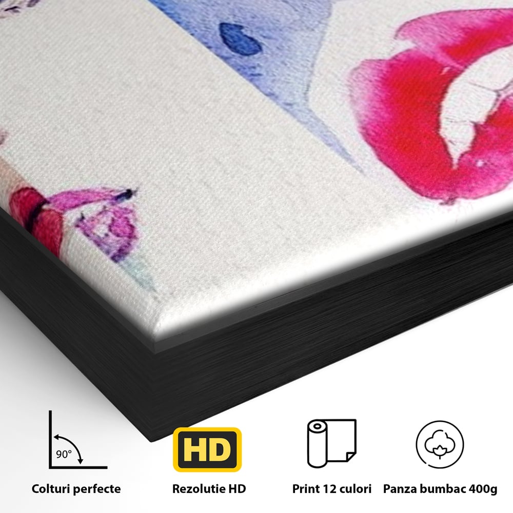 Detaliu al suprafetei: tablou canvas cu patru portrete feminine, in rama de aluminiu negru