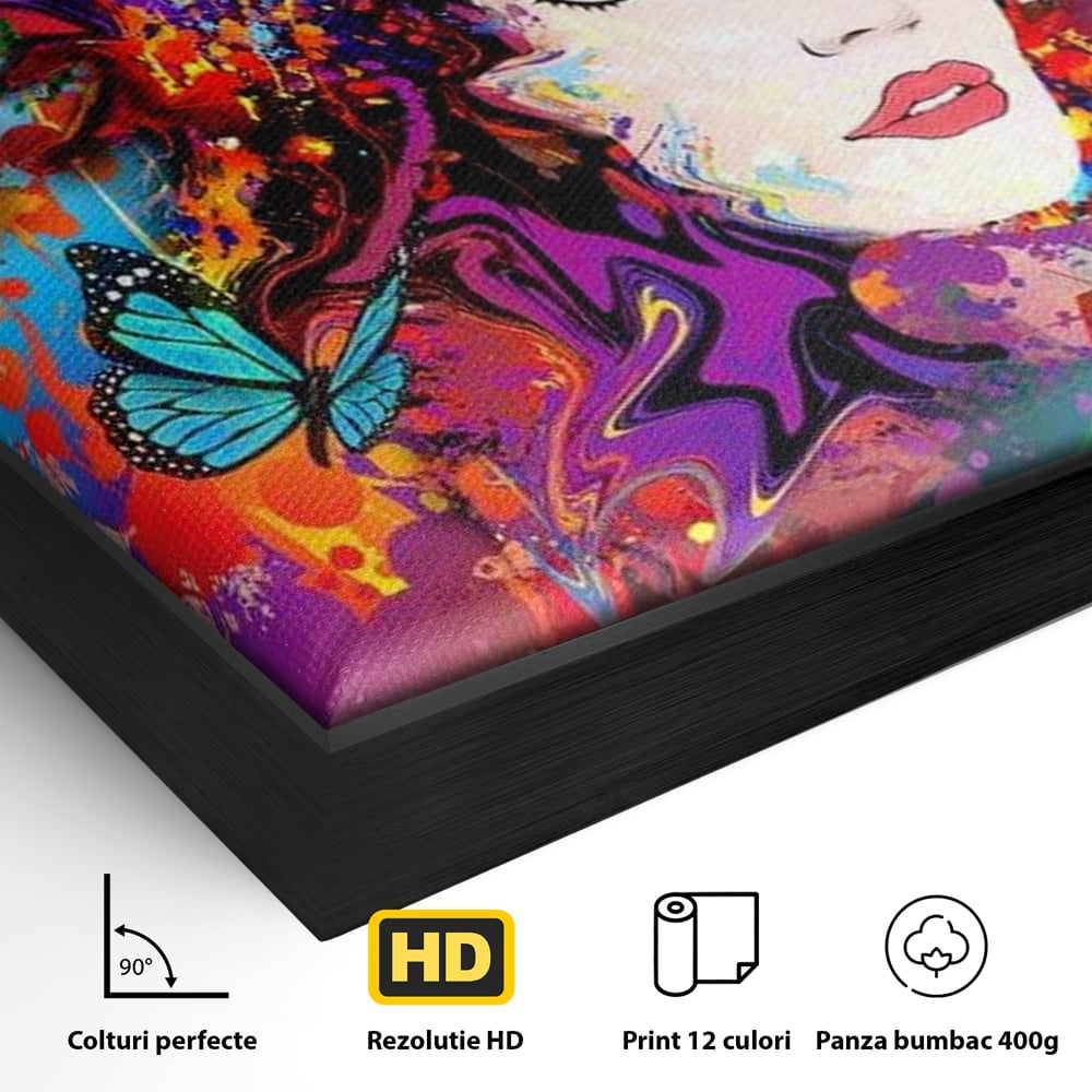 Detaliu al suprafetei: tablou canvas cu portret artistic de femeie, in rama de aluminiu negru