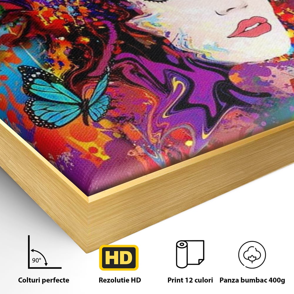 Detaliu al suprafetei: tablou canvas cu portret artistic de femeie, in rama de aluminiu auriu