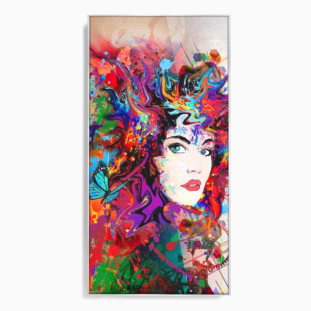 Tablou canvas cu tablou canvas cu portret artistic de femeie, in rama de aluminiu argintiu