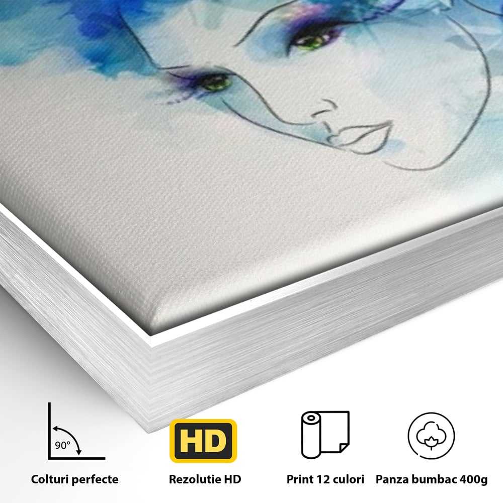 Detaliu al suprafetei: tablou canvas cu portret de femeie si flori albastre, in rama de aluminiu argintiu